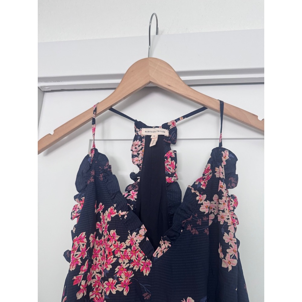 Rebecca Taylor Silk Floral Ruffle Mini Dress Navy Pink Cherry Blossom Size 12 - Picture 3 of 8